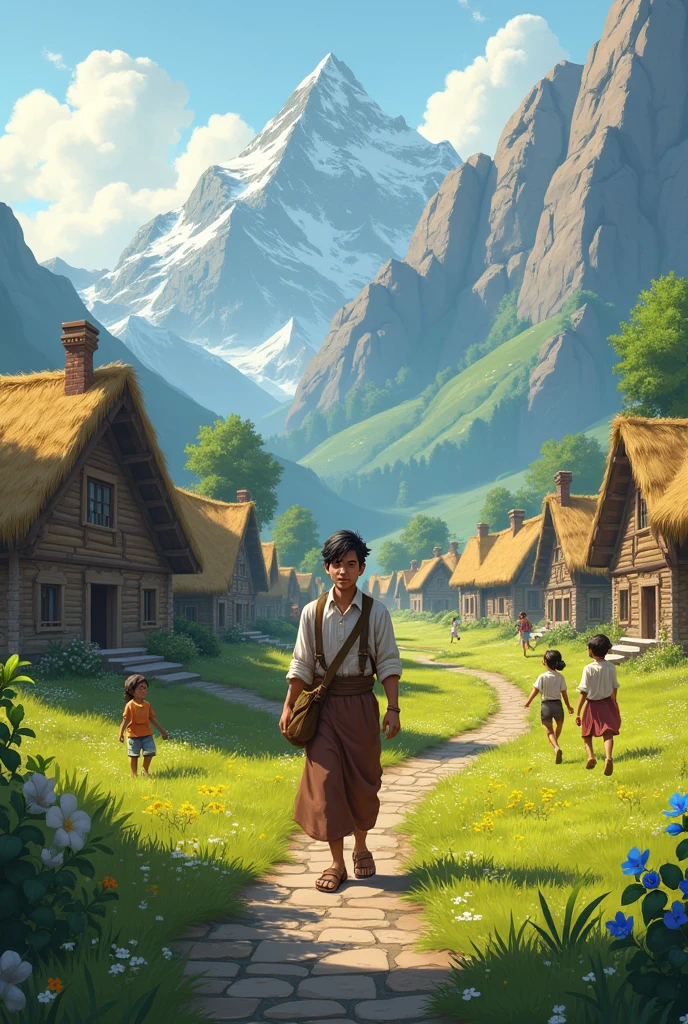 A small, peaceful village surrounded by mountains. Children playing in the fields. The protagonist, Ali, is seen walking towards his home with a curious expression on his face.)