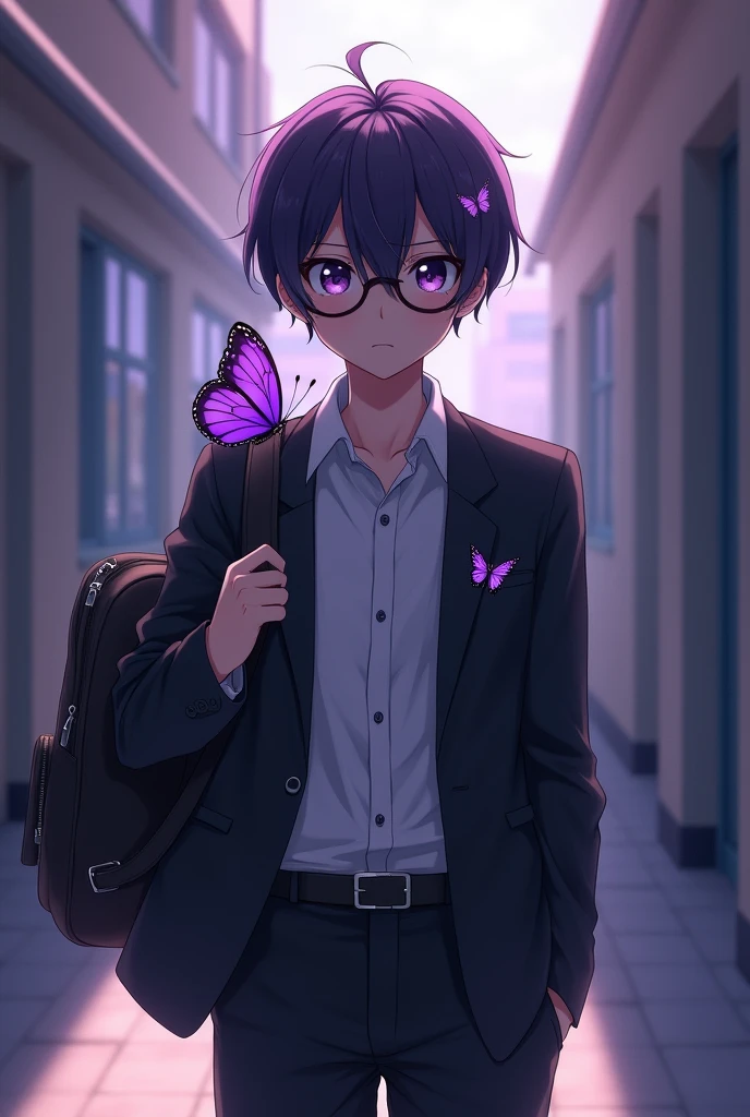 trans boy, School uniform, schoolbag, black shoes, dark but light skin, serious, Dark hair with lilac and purple highlights, purple butterfly, labial, glasses, anime, teenager, school hall , black dress pants