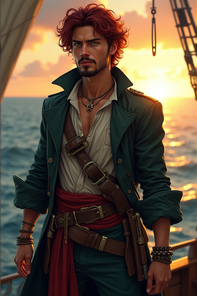 Generate the image of a pirate for a DnD campaign total body. A male pirate around 20 years old with an excited face. He has mid length dark red curly hair, with a pair of mustache and a goatee. His eyes are emerald green, and he has a small scar on the bridge of his nose. He’s wearing a dark trench coat, under the coat a soft shirt half open, he’s wearing a belt with a red band, on the side he had two sabers and two XVI century guns. He’s wearing many bracelets and necklaces, he has many tattoo. He’s on the top of the main mast of his boat looking at the sunset