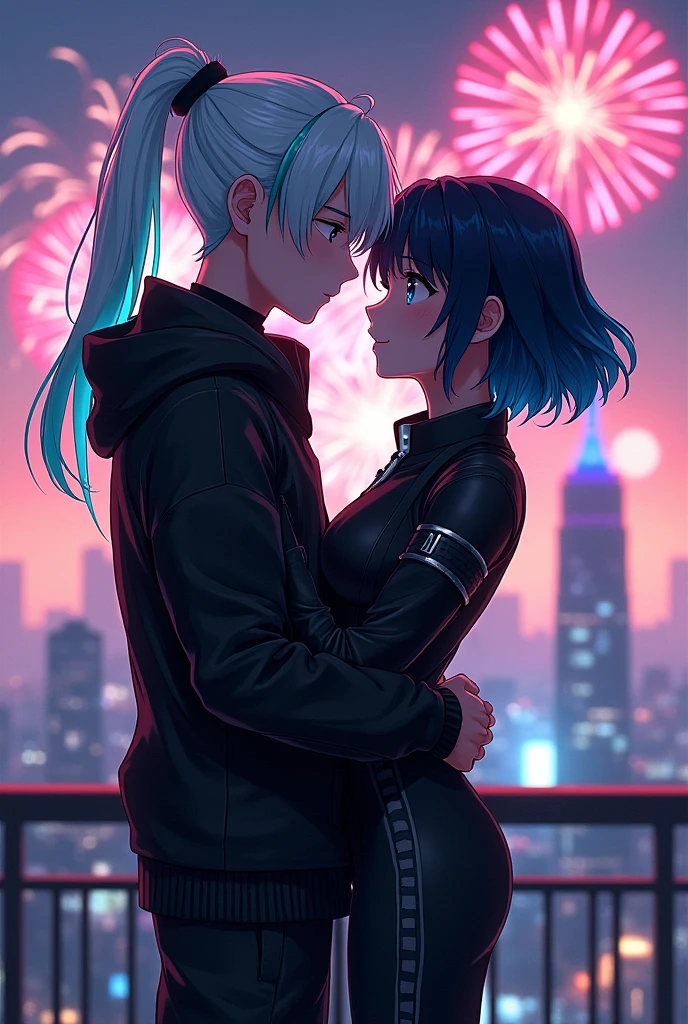 Create two teenagers in a building: a boy with long white hair with a turquoise tip combed with a ponytail and a girl with medium black hair and blue highlights., wearing black cyberpunk clothes the boy is proposing to the girl and the girl is excited they are both on top of a building and there are fireworks they are both hugging each other, anime style 