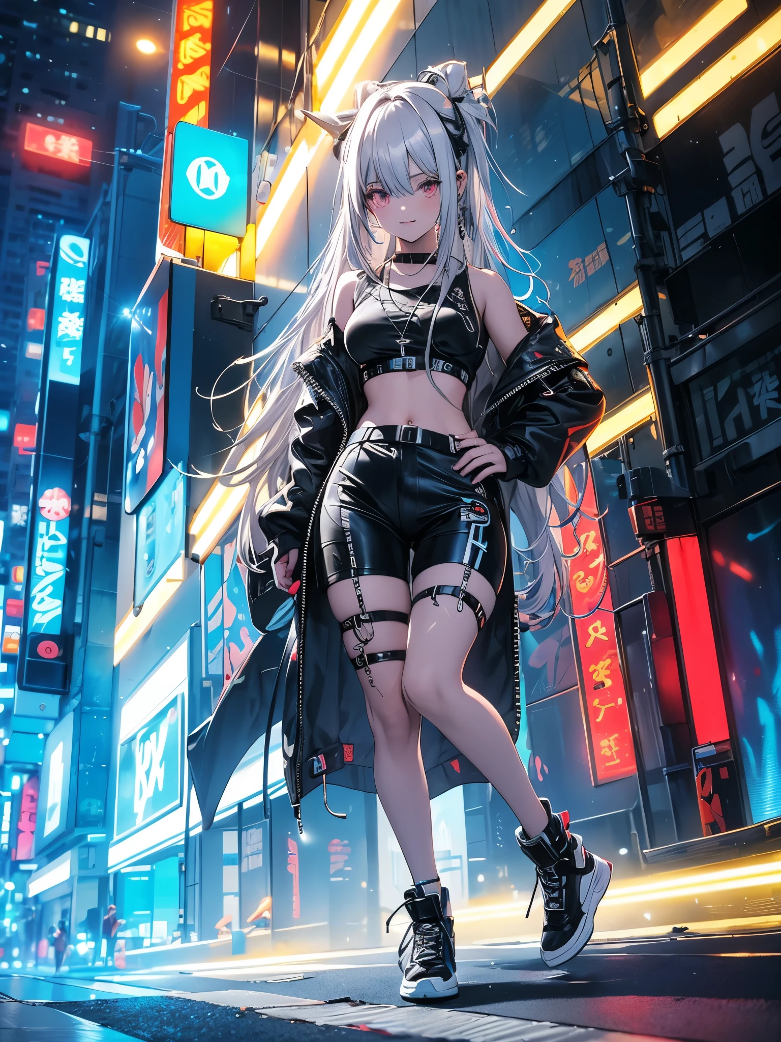 8k,silver hair,In a vibrant cyberpunk beach scene with neon signs glowing in the background, a cool and cute girl is dancing in summer fashion. Her movements cause the surrounding light to reflect dynamically.ヘッドセット。グローブ。Pretty