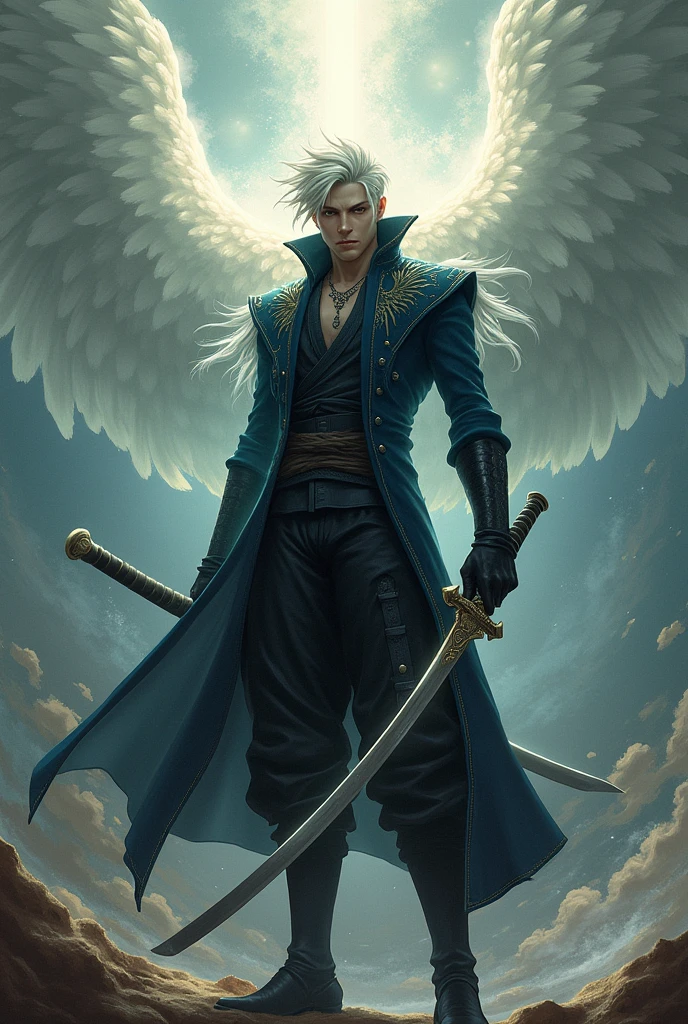 Vergil with the Yamato katana and with Dante's hair from Devil May Cry 5 in a state of divinity