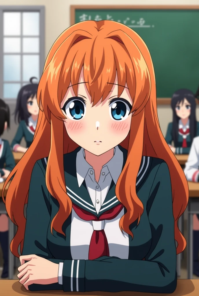 Screenshot from my hero academia of a girl with long, ginger hair and navy blue eyes and a serious personality and in the background a school class is sitting at a table