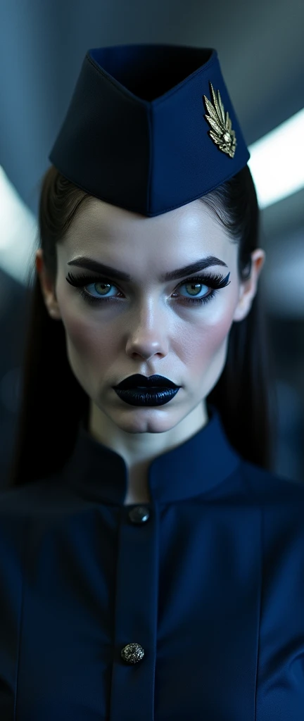 a fierce and assertive emo goth female flight attendant, wearing a dark blue gothic flight attendant uniform, beautiful detailed eyes,beautiful detailed lips,extremely detailed eyes and face,longeyelashes, dramatic gothic makeup, confident and militant expression, dramatic lighting, cinematic camera angle, photorealistic, 8K, highly detailed, masterpiece