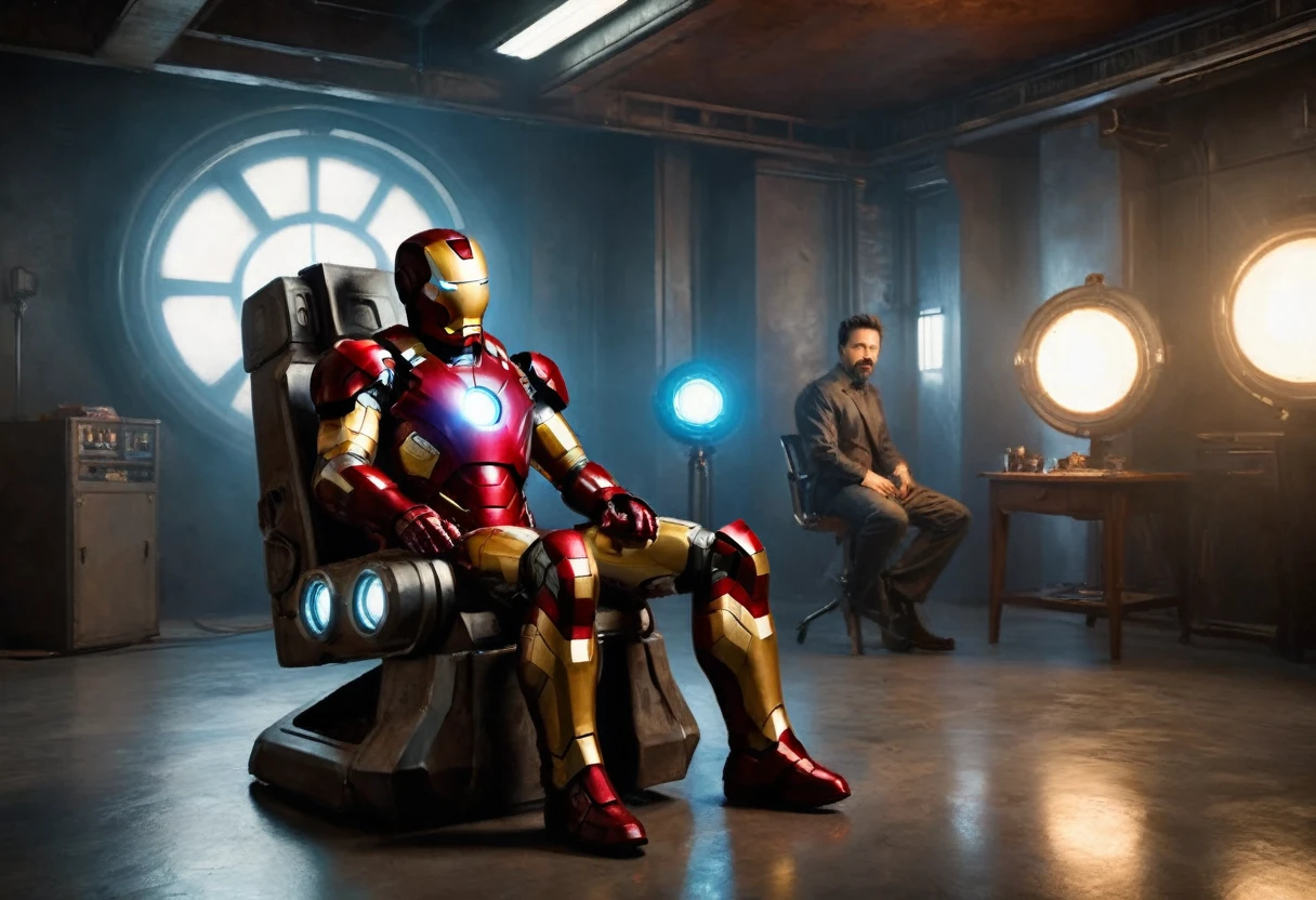 a highly detailed and realistic full body portrait of iron man in a studio setting, sitting in a chair, waiting on his mark as actresses play out the scene, 8k, hyper realistic, cinematic lighting, photorealistic, studio lighting, sharp focus, physically-based rendering, extremely detailed description, vivid colors, dramatic pose, high quality, intricate details, glossy metal armor, glowing arc reactor, atmospheric, moody, cinematic composition