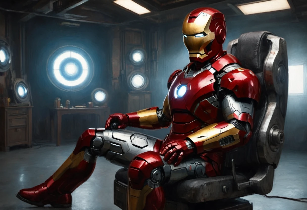 a highly detailed and realistic full body portrait of iron man in a studio setting, sitting in a chair, waiting on his mark as actresses play out the scene, 8k, hyper realistic, cinematic lighting, photorealistic, studio lighting, sharp focus, physically-based rendering, extremely detailed description, vivid colors, dramatic pose, high quality, intricate details, glossy metal armor, glowing arc reactor, atmospheric, moody, cinematic composition