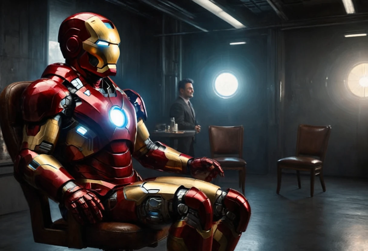 a highly detailed and realistic full body portrait of iron man in a studio setting, sitting in a chair, waiting on his mark as actresses play out the scene, 8k, hyper realistic, cinematic lighting, photorealistic, studio lighting, sharp focus, physically-based rendering, extremely detailed description, vivid colors, dramatic pose, high quality, intricate details, glossy metal armor, glowing arc reactor, atmospheric, moody, cinematic composition