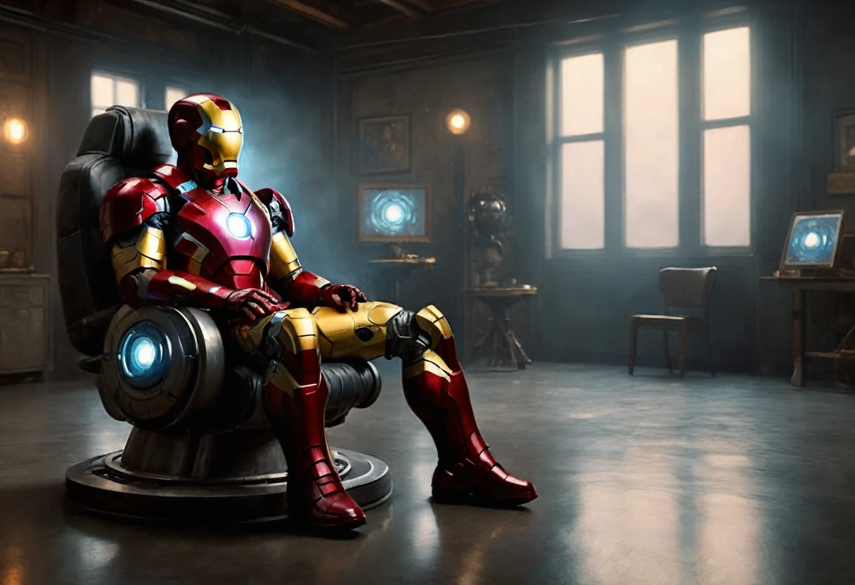 a highly detailed and realistic full body portrait of iron man in a studio setting, sitting in a chair, waiting on his mark as actresses play out the scene, 8k, hyper realistic, cinematic lighting, photorealistic, studio lighting, sharp focus, physically-based rendering, extremely detailed description, vivid colors, dramatic pose, high quality, intricate details, glossy metal armor, glowing arc reactor, atmospheric, moody, cinematic composition
