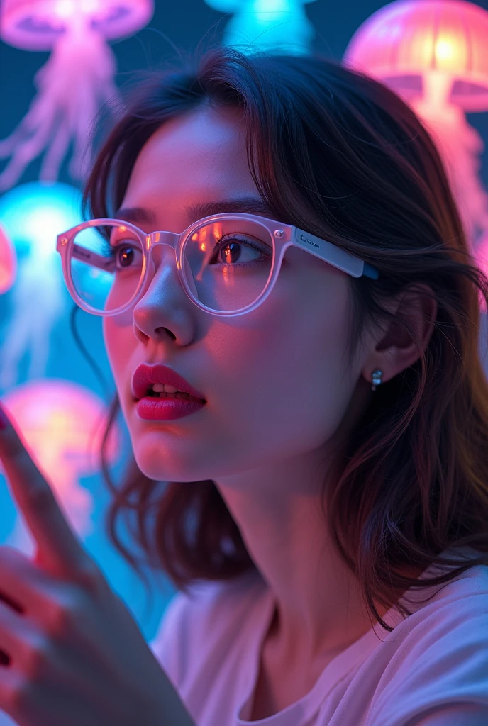 Here’s the modified prompt:
A hyper-realistic fashion portrait of a young woman with brown hair, wearing safety glasses. She has light-colored eyes and is surrounded by floating jellyfish of different colors inside a room. Each jellyfish is in a different position, illuminating the space with neon lights. The woman is gazing at them with a sense of wonder and curiosity, reaching out with her index finger as if to touch one of the jellyfish. The neon glow from the jellyfish creates colorful reflections on her face and surroundings, adding to the ethereal atmosphere of the scene.