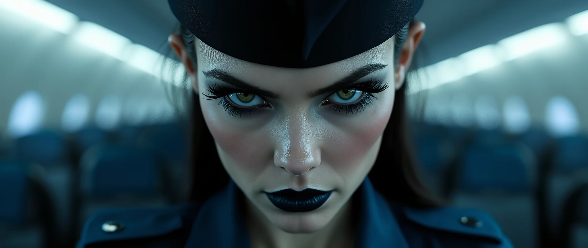 a fierce and assertive emo goth female flight attendant, wearing a dark blue gothic flight attendant uniform, beautiful detailed eyes,beautiful detailed lips,extremely detailed eyes and face,longeyelashes, dramatic gothic makeup, confident and militant expression, dramatic lighting, cinematic camera angle, photorealistic, 8K, highly detailed, masterpiece