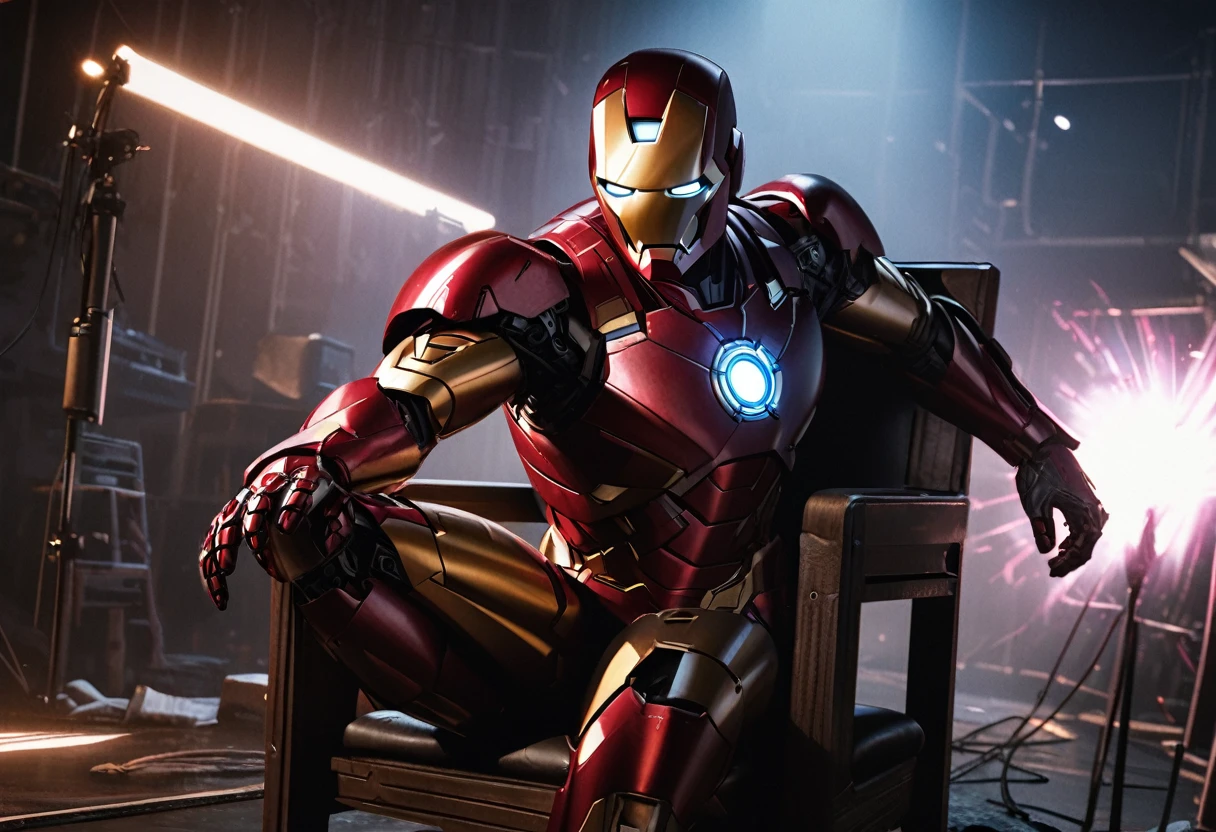 a highly detailed and realistic full body portrait of iron man in a studio setting, sitting in a chair, waiting on his mark as actresses play out the scene, 8k, hyper realistic, cinematic lighting, photorealistic, studio lighting, sharp focus, physically-based rendering, extremely detailed description, vivid colors, dramatic pose, high quality, intricate details, glossy metal armor, glowing arc reactor, atmospheric, moody, cinematic composition