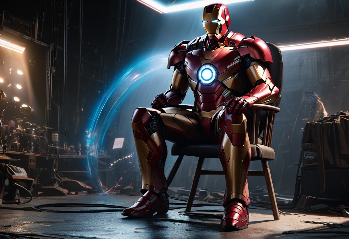 a highly detailed and realistic full body portrait of iron man in a studio setting, sitting in a chair, waiting on his mark as actresses play out the scene, 8k, hyper realistic, cinematic lighting, photorealistic, studio lighting, sharp focus, physically-based rendering, extremely detailed description, vivid colors, dramatic pose, high quality, intricate details, glossy metal armor, glowing arc reactor, atmospheric, moody, cinematic composition
