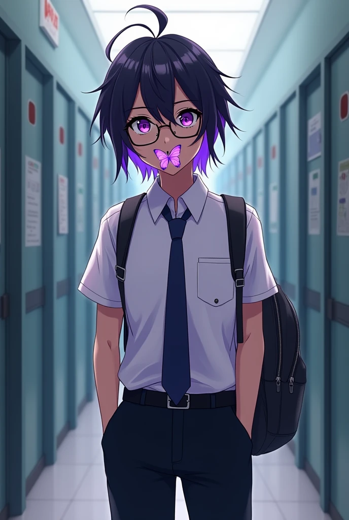 Chico, School uniform, schoolbag, black shoes, dark but light skin, serious, Dark hair with lilac and purple highlights, purple butterfly, labial, glasses, anime, ager, school hall , black dress pants