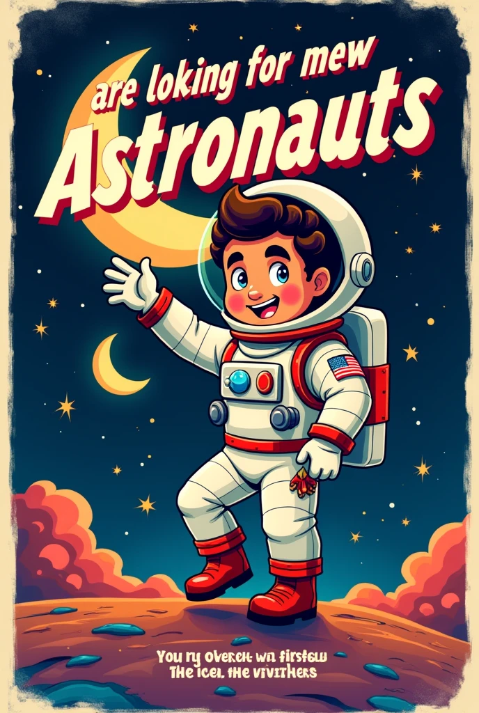 Can you generate a poster in Spanish for me to hire employees from a restaurant called "Moon"?
I need you to say the message of, "We are looking for new astronauts" 
And below it says that waiters are wanted, cleaning assistants.
Call 9511349374 And an astronaut who is a male person with curlers and a tramp hat, answering Mexican type 