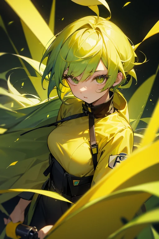 Yellow green hair(Very yellow,Can't see green at all)the girl, Second dimension style, Looks young, Harmless appearance