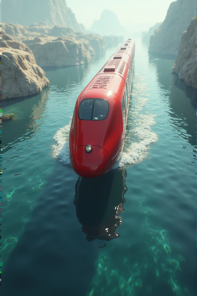 Red train flying in water 