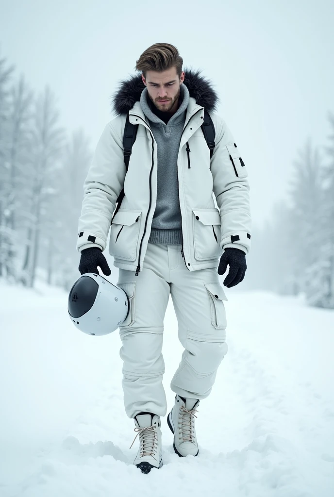 alone, male, standing, white winter jacket, hood up, white cargo pants, black fur around hood, white moter cycle helmet, high top shoes, 18, fit, best quality