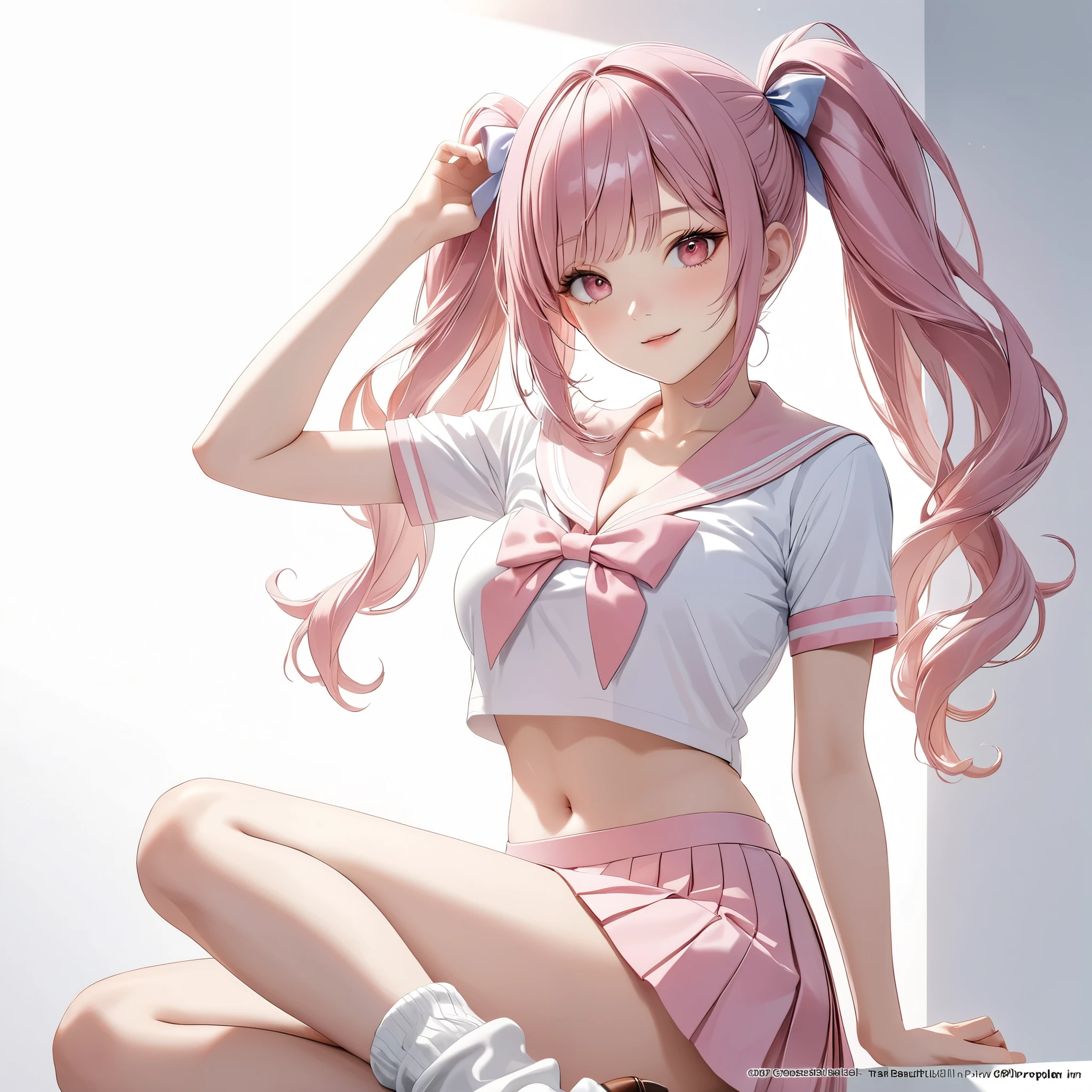 (8K, masutepiece, Best Quality, Official art, Breathtaking beauty and aesthetics, highly beautiful lighting, highly beautiful detailed), (1 Girl, Solo), (sixteen years old), (beautiful detailed face), (shiny white skin), (Beautiful big bust, cleavage, thighs, navel:1.3), (beautiful detailed pink twin tails hair, Bangs:1.3), (beautiful detailed drooping pink eyes:1.5), (high school uniform:1.3), (patsel pink sailor collar, white short sleeves short length outing shirt, pastel pink pleated skirt, patsel pink ribbon:1.3), (Loose socks, ultra slouchy white boot socks, loafers:1.3), (happy smile:1.2), (Attractive, sensational, look at the camera, cute pose), (simple white plain background:1.5),
