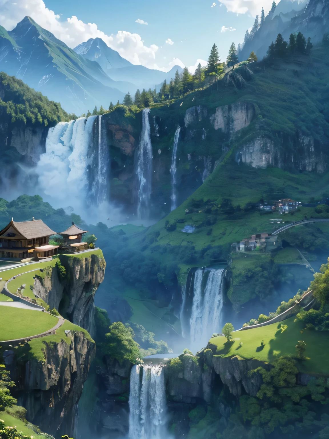 Painting of a waterfall and a house on the top of a mountain, vertical wallpaper, 4 k vertical wallpaper, 4k vertical wallpaper, 8 k vertical wallpaper, 8k vertical wallpaper, Ross Chen. Landscape background, beautiful scenery, 4K matte, Detailed scenery —width 672, Beautiful iPhone Wallpapers, Avatar Landscape, inspired by Raphael Lacoste (Raphael Lacoste)