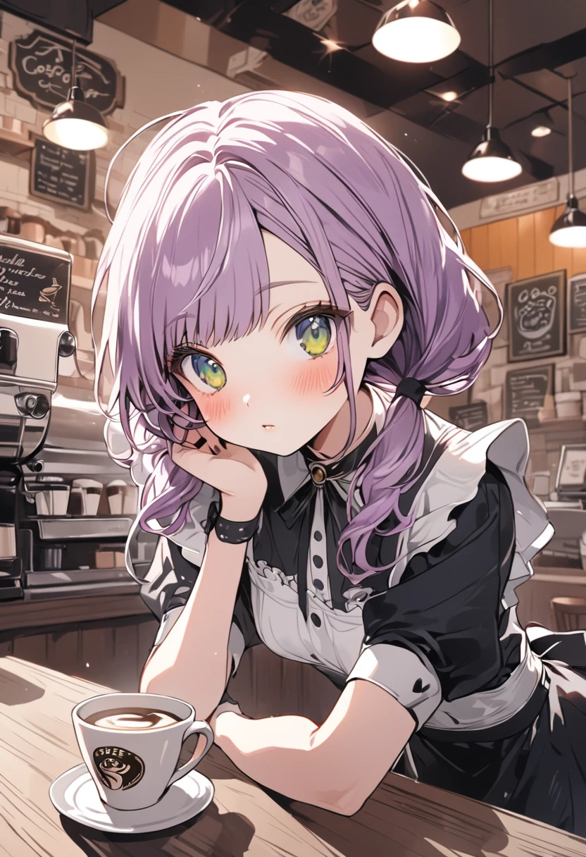 ((best quality, high resolution)), (delicate illustration), (vividcolor style illustration:0.9), (watercolor style illustration:0.4), ((beautiful:1.3)), 4k,
(((1 beautiful woman))), small breasts:0.7, dark green eyes, (blush), ((Black maid outfit, white knee-high socks,)), low-twintails Hair, pale purple hair, (((A coffee shop with a retro atmosphere.:1.3))), ((glance upward at viewer)), cowboy shot,