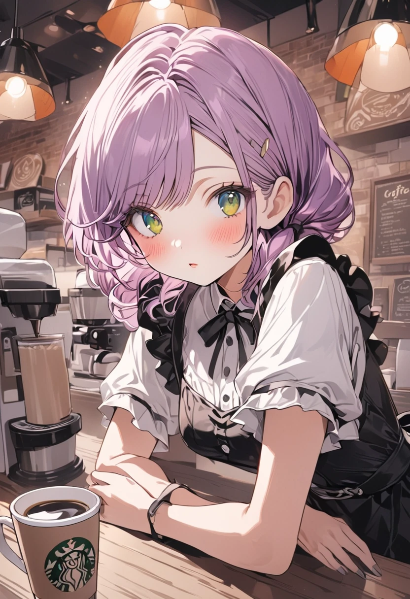 ((best quality, high resolution)), (delicate illustration), (vividcolor style illustration:0.9), (watercolor style illustration:0.4), ((beautiful:1.3)), 4k,
(((1 beautiful woman))), small breasts:0.7, dark green eyes, (blush), ((Black maid outfit, white knee-high socks,)), low-twintails Hair, pale purple hair, (((A coffee shop with a retro atmosphere.:1.3))), ((glance upward at viewer)), cowboy shot,