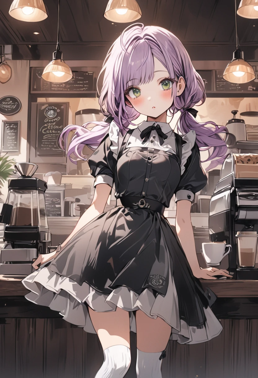((best quality, high resolution)), (delicate illustration), (vividcolor style illustration:0.9), (watercolor style illustration:0.4), ((beautiful:1.3)), 4k,
(((1 beautiful woman))), small breasts:0.7, dark green eyes, (blush), ((Black maid outfit, white knee-high socks,)), low-twintails Hair, pale purple hair, (((A coffee shop with a retro atmosphere.:1.3))), ((glance upward at viewer)), cowboy shot,