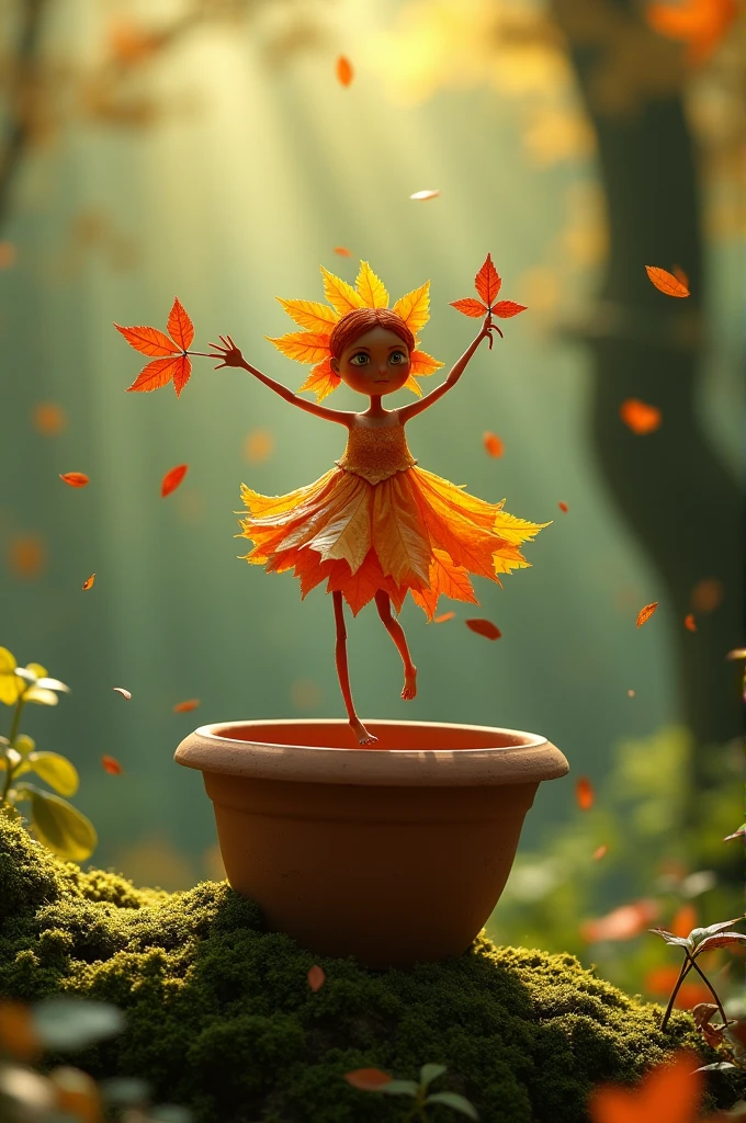 A whimsical miniature figure composed of delicately arranged autumn leaves, poised in a carefree dance on the rim of a weathered, moss-covered terracotta pot, set against a lush, vibrant forest backdrop, where dappled sunlight filters through the canopy above, casting intricate shadows. The overall aesthetic is ethereal, with warm, earthy tones of sienna, umber, and olive green, infused with hints of emerald and golden light, evoking a sense of wonder and enchantment, as if plucked from a fantastical realm.
