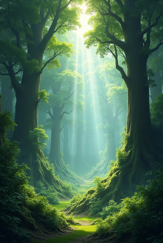 Make a forest with millions of trees and coming sunlight from sky