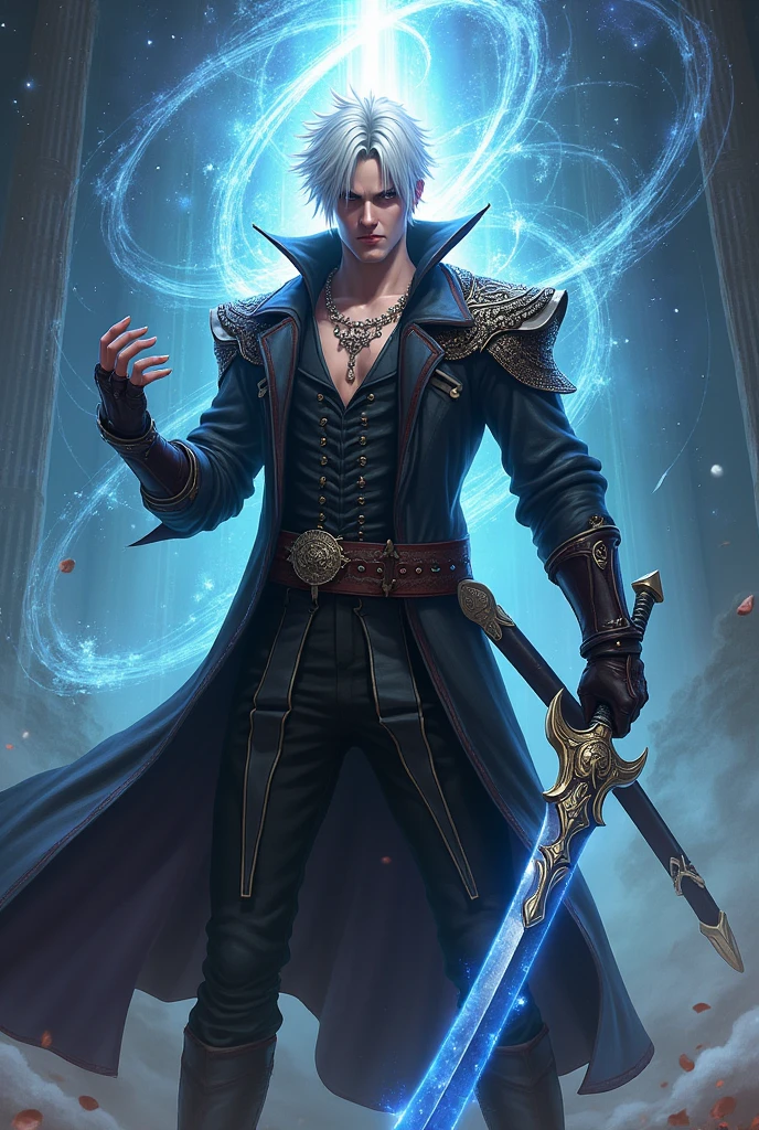 Vergil with the Yamato katana and with Dante&#39;s hair from Devil May Cry 5 in the form of a powerful god 