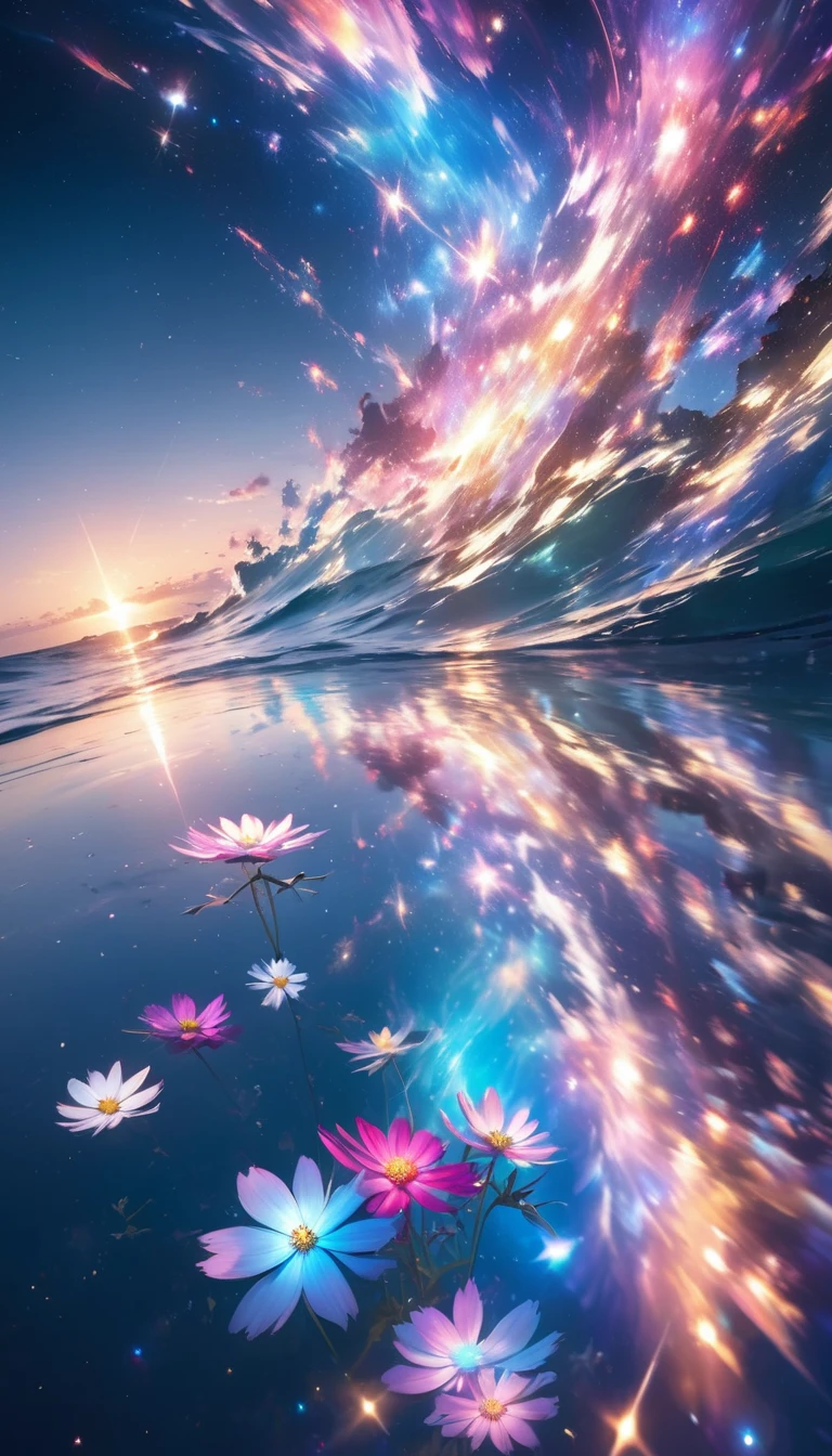 Beautiful and quiet sea, The sparkling stardust melts away, A seamless fusion of sea and space, Holographic Mirror Reflection, Transparent and fantastic rainbow-colored coating, Multiple Exposure