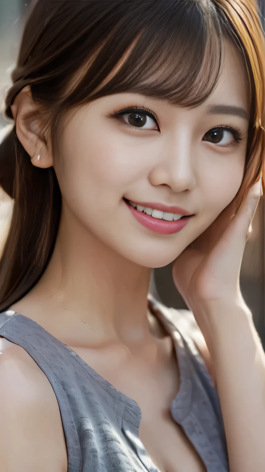 (8k, Highest quality, Genuine、 Ultra-high resolution:1.5),Beautiful Japanese Woman, ((Cute Smile)),（Updo）, (Sleeveless shirt with collar), Profile of a person peering into the photo, Close-up shot of face、