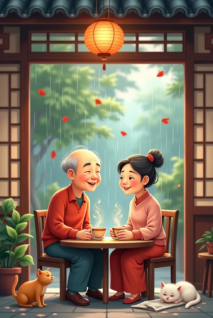 Chinese old couple in cute cantoon drink coffee in raining day