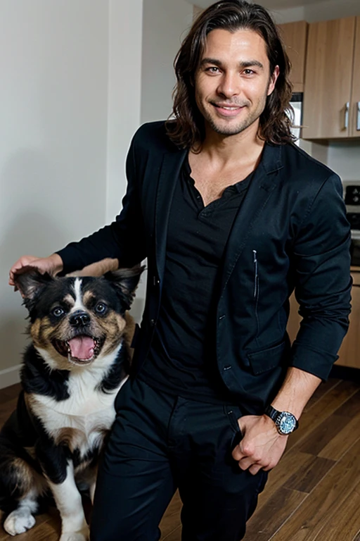 Handsome Man 40 years old, lean muscular body, tan skin olive, his eyes are blue, 1.90m, his hair is dark brown with natural waves that flow down his shoulders, stubble unshaved, wearing a black blazer, blue shirt, black pants, laughing playing with white cat and shih tzu brown dog