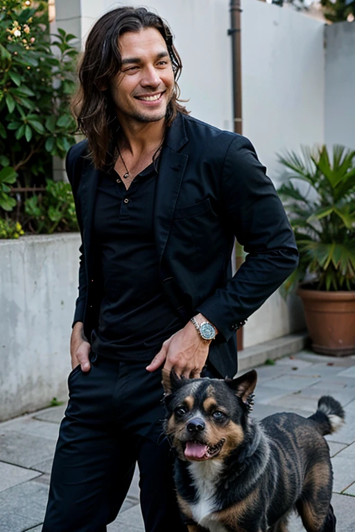 Handsome Man 40 years old, lean muscular body, tan skin olive, his eyes are blue, 1.90m, his hair is dark brown with natural waves that flow down his shoulders, stubble unshaved, wearing a black blazer, blue shirt, black pants, laughing playing with white cat and shih tzu brown dog