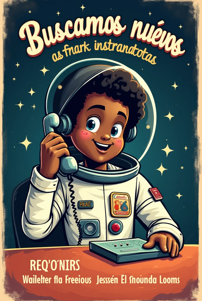 Can you generate a poster in Spanish for me to hire employees from a restaurant called "Moon"?
I need you to say the message of, "We are looking for new astronauts"
And below it says that waiters are wanted, cleaning assistants.
Call 9511349374 And an astronaut who is a black male person with curlers and a tramp hat, answering Mexican type