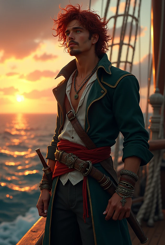 Generate the image of a pirate for a DnD campaign total body. A male pirate around 20 years old with an excited face. He has mid length dark red curly hair, with a pair of mustache and a goatee. His eyes are emerald green, and he has a small scar on the bridge of his nose. He’s wearing a dark trench coat, under the coat a soft shirt half open, he’s wearing a belt with a red band, on the side he had two sabers and two XVI century guns. He’s wearing many bracelets and necklaces, he has many tattoo. He’s on the top of the main mast of his boat looking at the sunset
