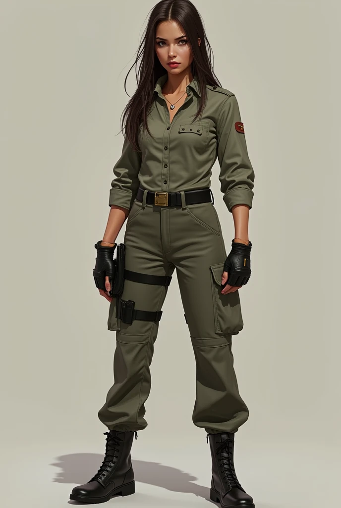 Create the image of a woman of average height, with an energetic and determined presence. She has long straight dark brown hair.. His eyes are brown and intense, reflecting your concentration and empathy. Julia prefers comfortable and functional clothes, like tactical pants and button-down shirts, on her feet she normally wears boots, and I also have a small golden necklace in the shape of a small moon with a crystal inside that I got from my friend.. do it full body 