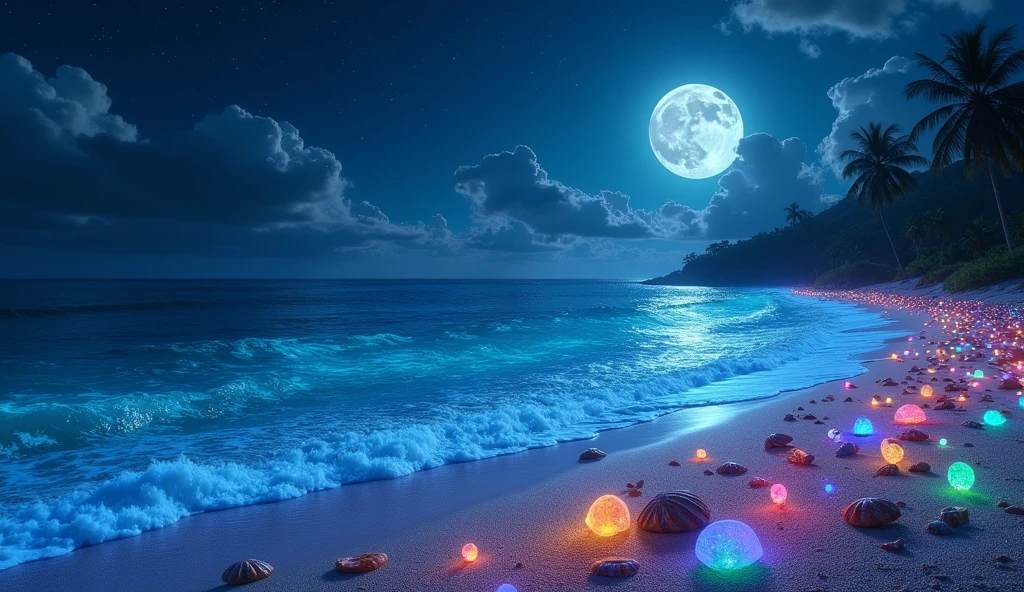 In the night sky，The beach is covered in blue and green fluorescent light，(Many beautiful colorful shells,Conch shells are scattered all over the beach，海滩有HD画质)(Very beautiful luminous stones of various colors sparkling all over the beach，Crystal clear)，Dazzling moon，Elf Light，Star，Light spot，the sea with fluorescence，the shining golden beach，the starry sky with moonlight，Matte by Michael James Smith，reflection，CG Rendering，Volumetric Light，Space Art，Bioluminescence，Unreal Engine 5，The magic of light，Unreal Engine Rendering，Ultra wide angle，Ultra wide angle，HD。