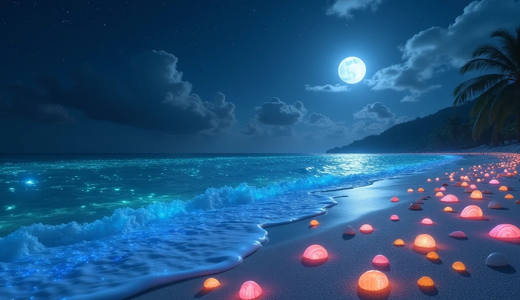 In the night sky，The beach is covered in blue and green fluorescent light，(Many beautiful colorful shells,Conch shells are scattered all over the beach，海滩有HD画质)(Very beautiful luminous stones of various colors sparkling all over the beach，Crystal clear)，Dazzling moon，Elf Light，Star，Light spot，the sea with fluorescence，the shining golden beach，the starry sky with moonlight，Matte by Michael James Smith，reflection，CG Rendering，Volumetric Light，Space Art，Bioluminescence，Unreal Engine 5，The magic of light，Unreal Engine Rendering，Ultra wide angle，Ultra wide angle，HD。