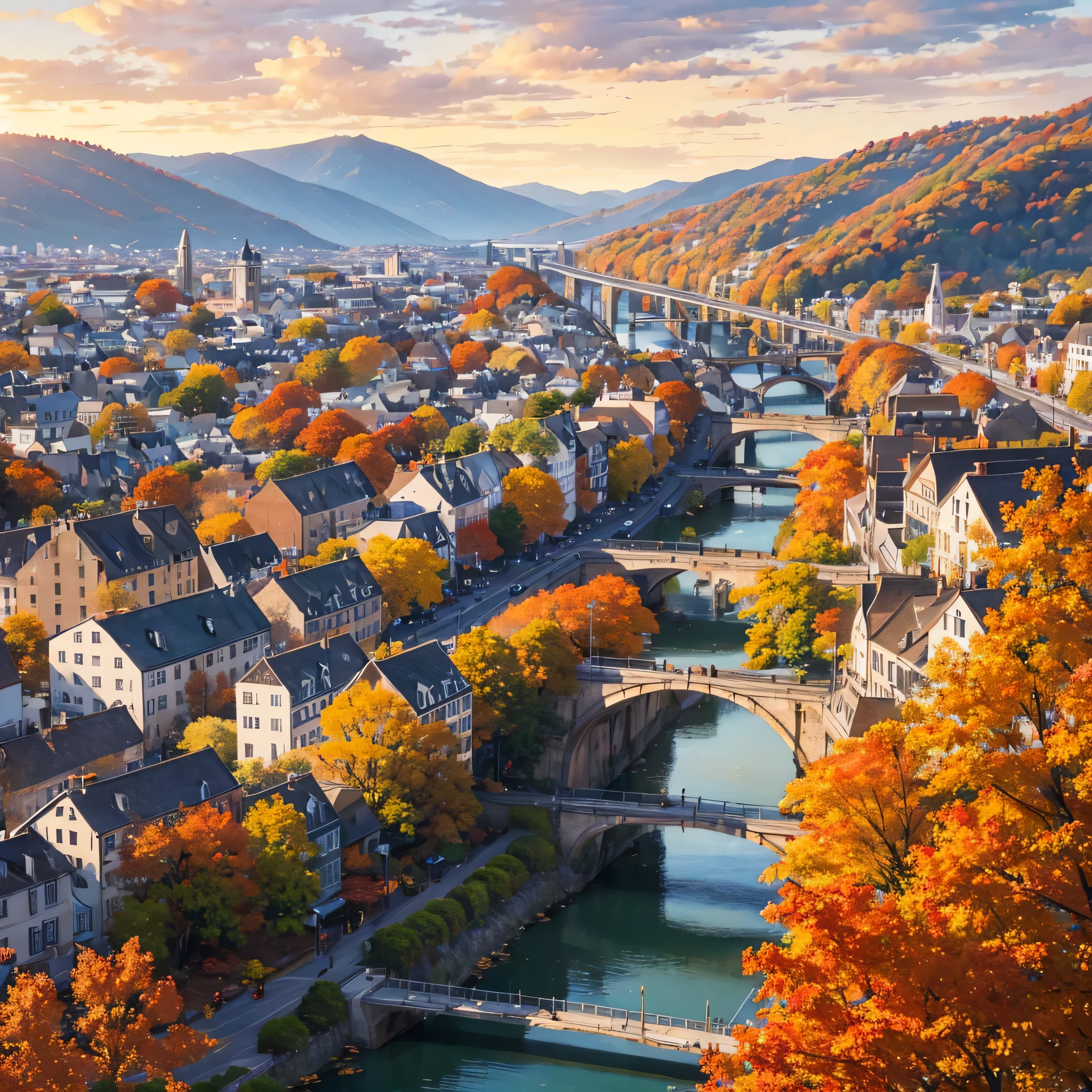 "A picturesque city scene in autumn, showcasing vibrant colors of fall leaves, charming small towns, and scenic bridges. Include cyclists enjoying the beautiful surroundings, with a warm sunset casting a golden glow over the landscape."High Resolution, Best Quality,
