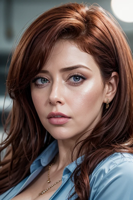 Close up head shot portrait,(best quality,4k,Alto:1.2),ultra-detalhado,Realistic, photo, professional, studio lighting, vivid colors, sharp focus, Physically-based rendering,HDR, extremely detailed eyes and face, beautiful detailed lips, long eyelashes,(exposed cleavage shiny luxury sky blue satin shirt:1.3),pokie nipples, Atriz Natasha Lyonne, woman 30 years, reddish brown hair, Curvy, Looking at the Viewer,