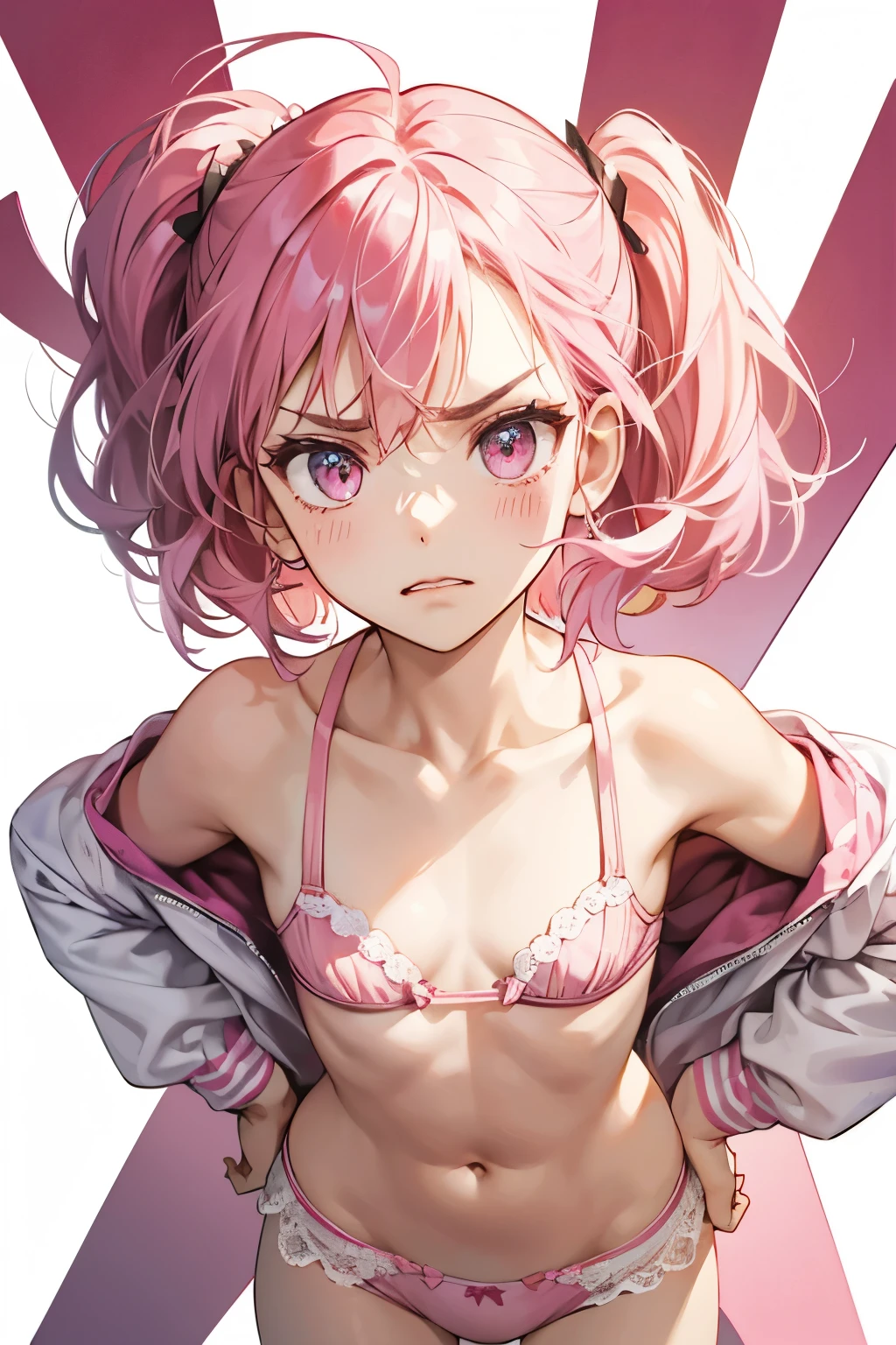Flat Chest、Pink Bra、Pink Panties、Angry face、whole body、Stand with your feet apart、Place your hands on your hips、White background