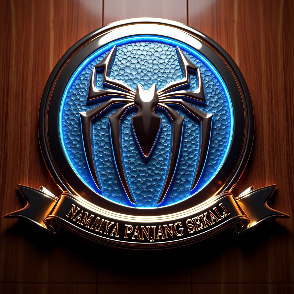 Realistic 3D logo made of glossy chrome metal. In the middle is a bright majestic spiderman logo with shiny batik pattern around, like a royal symbol. with blue neon lights on the edges. The logo should be 3D and very glossy. The background is rosewood grain, so that it highlights the details and luxury of the logo. On the ribbon below the logo is the text "NAMANYA PANJANG SEKALI" in bold and spelled correctly. Very detailed, renderMan. The logo should be perpendicular to the viewer.
