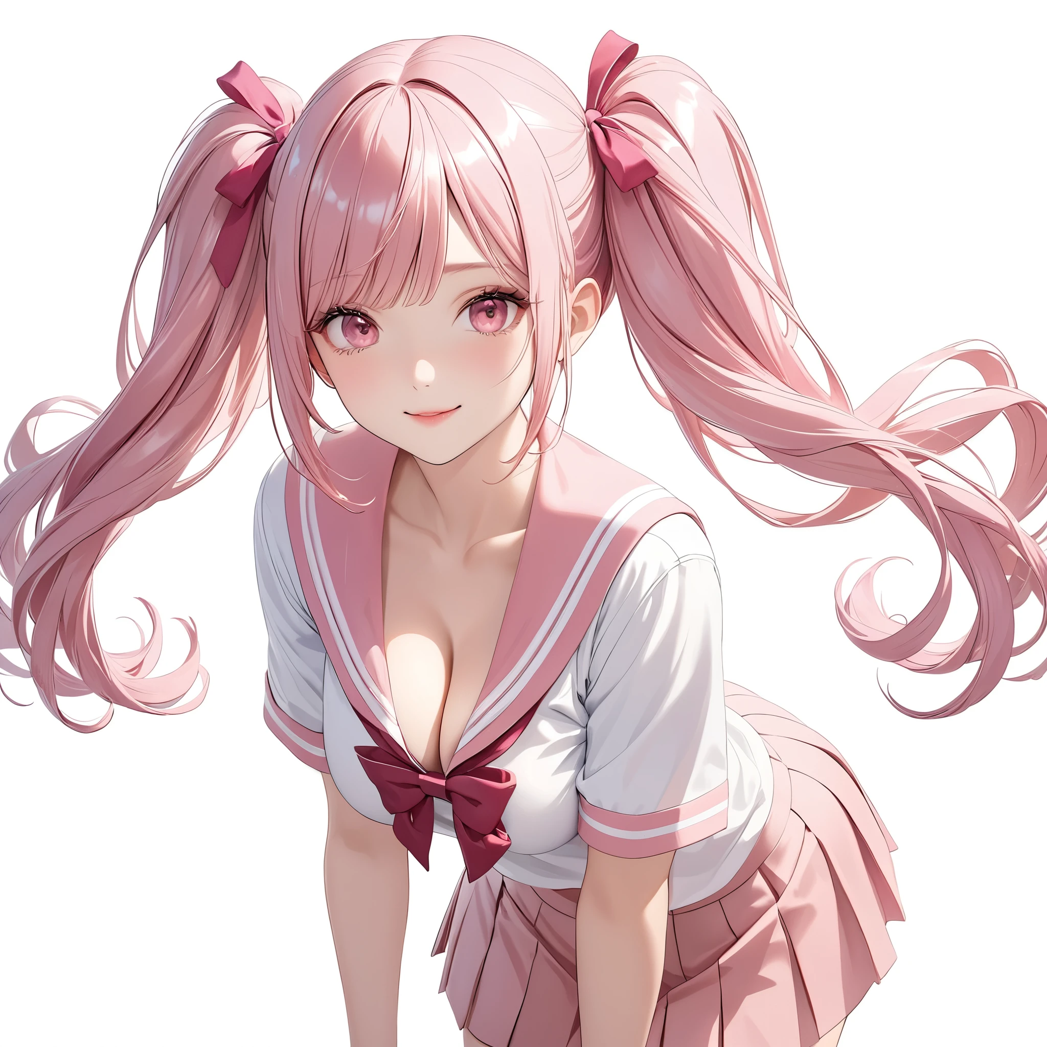 (8K, masutepiece, Best Quality, Official art, Breathtaking beauty and aesthetics, highly beautiful lighting, highly beautiful detailed), (1 Girl, Solo), (sixteen years old), (beautiful detailed face), (shiny white skin), (Beautiful big bust, cleavage, thighs, navel:1.3), (beautiful detailed pink twin tails hair, Bangs:1.3), (beautiful detailed drooping pink eyes:1.5), (high school uniform:1.3), (patsel pink sailor collar, white short sleeves short length outing shirt, pastel pink pleated skirt, patsel pink ribbon:1.3), (Loose socks, ultra slouchy white boot socks, loafers:1.3), (happy smile:1.2), (Attractive, sensational, look at the camera, cute pose), (simple white plain background:1.5),
