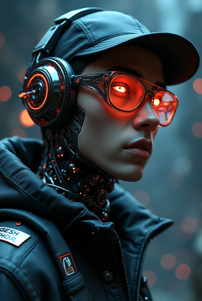 A highly detailed 18-year young boy cyborg, with a focus from the shoulders up, looking slightly towards the camera. The cyborg should have a futuristic and sleek appearance, featuring polished metal, intricate mechanical details, and neon glowing cybernetic implants. Include cyberpunk technology elements, such as cyberpunk-style glasses and headphones. His eyes should be glowing and enigmatic, with an expression suggesting contemplation or curiosity. The background should be a dark cosmic setting with a cinematic and professional style, incorporating deep space elements like stars and nebulae. The transition between the cyborg's technology and the cosmic background should be smooth and harmonious, creating a striking and immersive visual contrast, the boy wearing black cap, YOGESH RATHOR name on the jaket