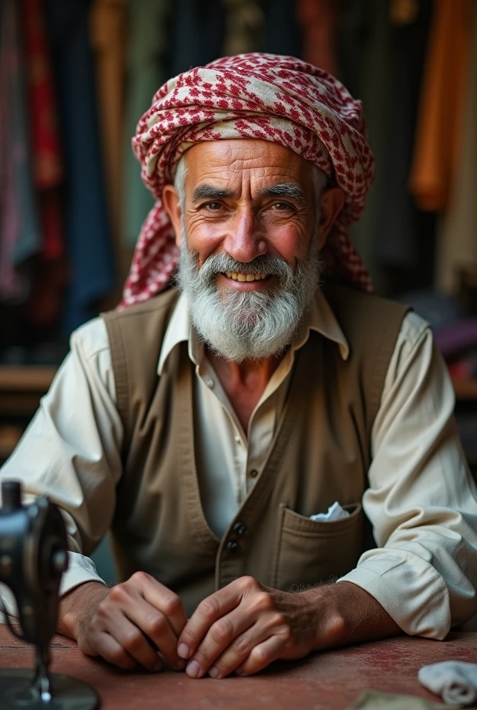 Old arabic  man tailor looking and smiling