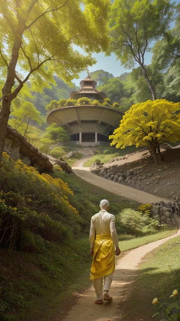 A white young man wearing yellow dhoti walking up a hill like mountain to a glowing yellow roses huge single tree, with green forest lining the path, 4k resolution, high resolution, cinematic, realistic, The overall scene is vibrant and dynamic.