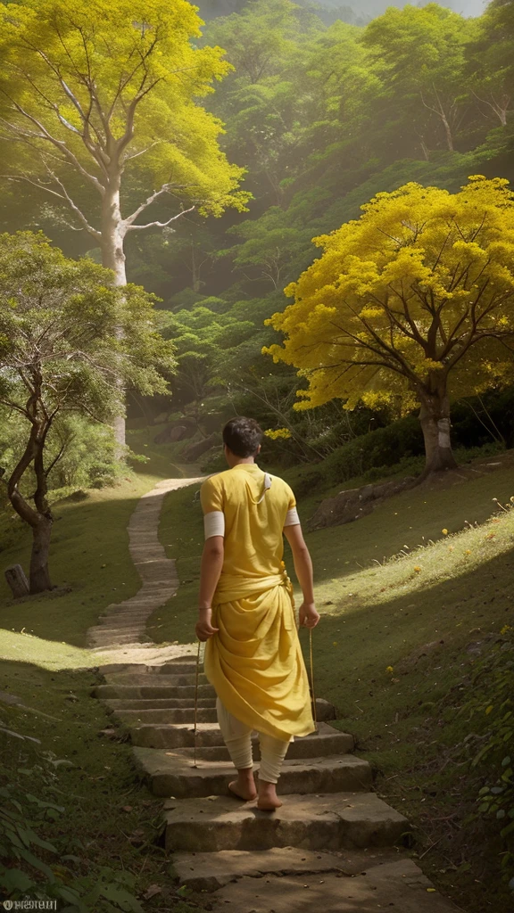 A white young man wearing yellow dhoti walking up a hill like mountain to a glowing yellow roses huge single tree, with green forest lining the path, 4k resolution, high resolution, cinematic, realistic, The overall scene is vibrant and dynamic.