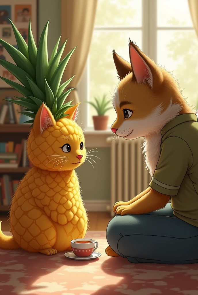 **Pineapplecat Explains:** Pineapplecat, in a calm and empathetic pose, talks to its father, trying to explain the situation.