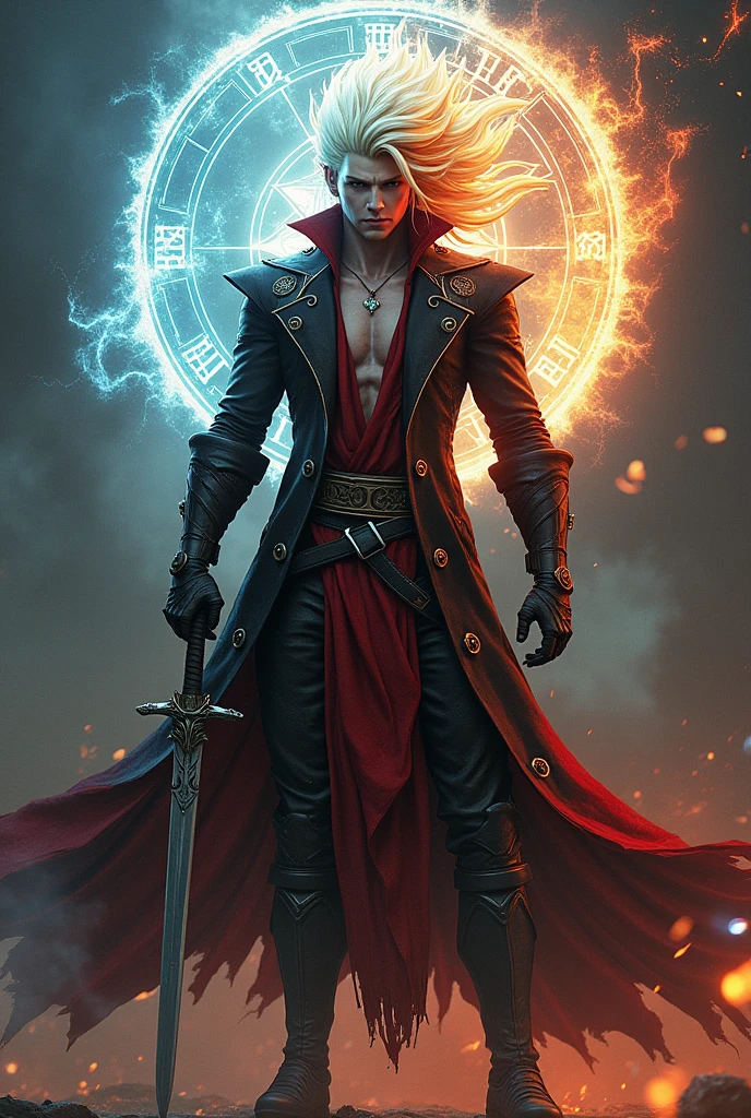 Vergil with the Yamato katana and Dante&#39;s hair from Devil May Cry 5 in the form of a powerful god of magic 